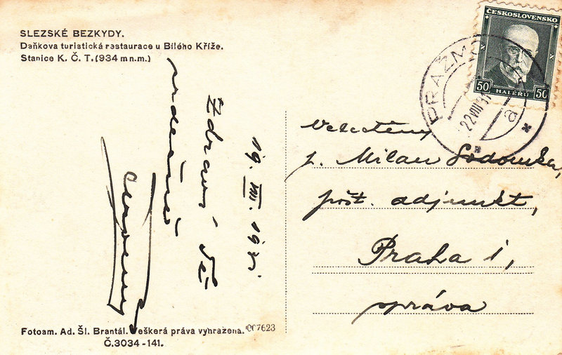 SLEZSKÉ BEZKYDY. Daňkova turistická restaurace u Bílého Kříže. Stanice K. Č. T. (934 m n. m.)