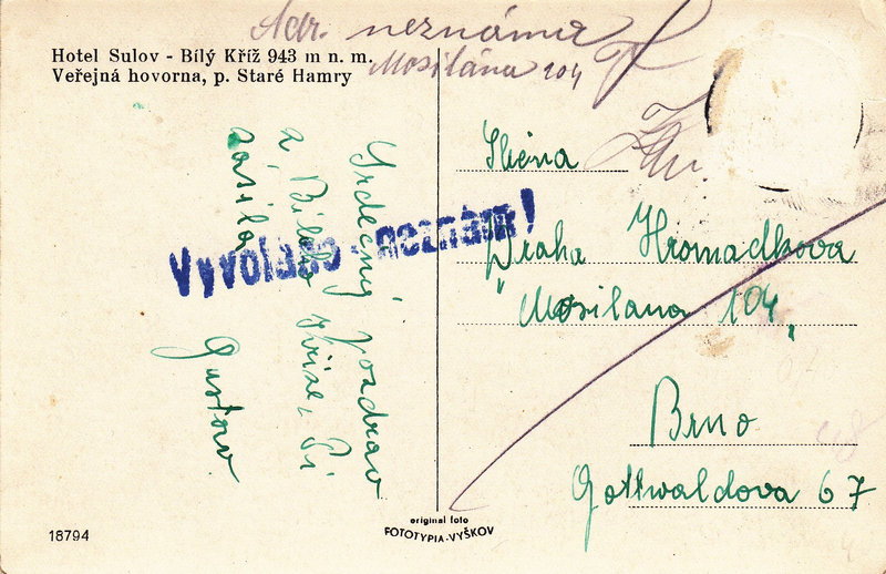 Hotel Sulov - Bílý Kříž 943 m n. m. - Veřejná hovorna, p. Staré Hamry