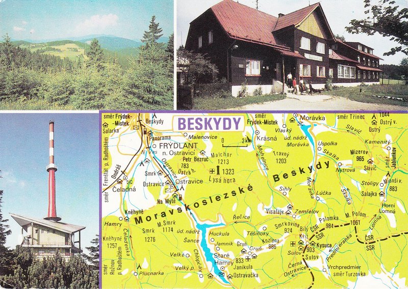 Panorama Beskyd z Kozleny (886 m), Hotel Gruň, Vrchol Lysé hory (1323 m)