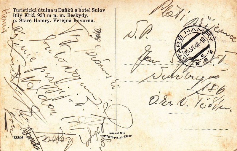 Turistická útulna u Daňků a hotel Sulov, Bílý Kříž, 933 m n. m. Beskydy, p. Staré Hamry. Veřejná hovorna