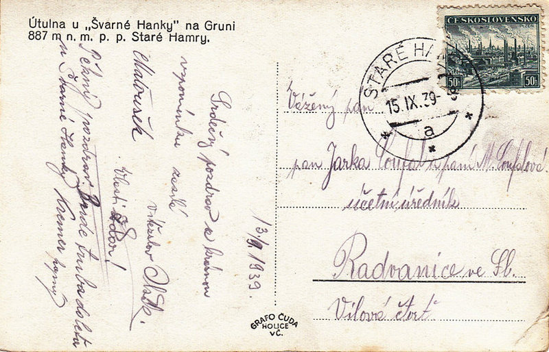 Útulna u "Švarné Hanky" na Gruni 887 m n.m. p. p. Staré Hamry.