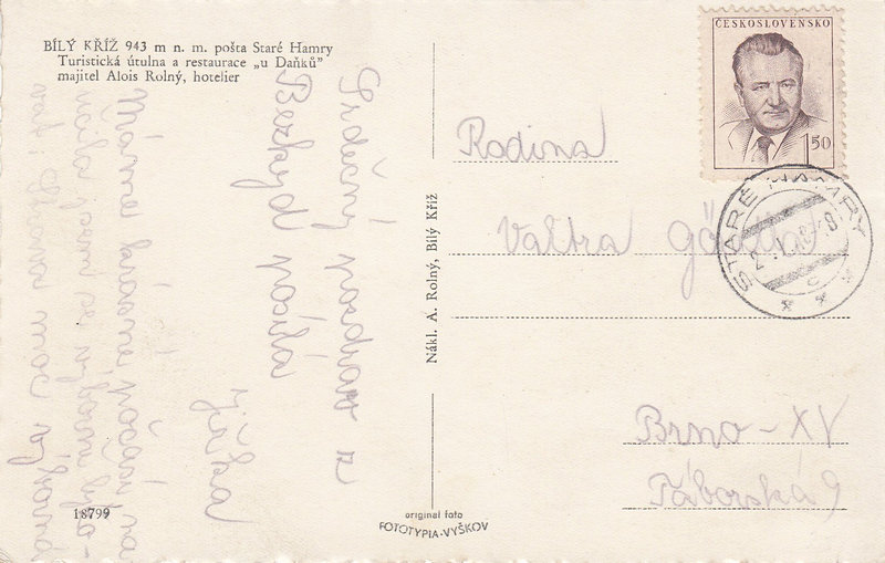 BÍLÝ KŘÍŽ 943 m n. m.  pošta Staré Hamry